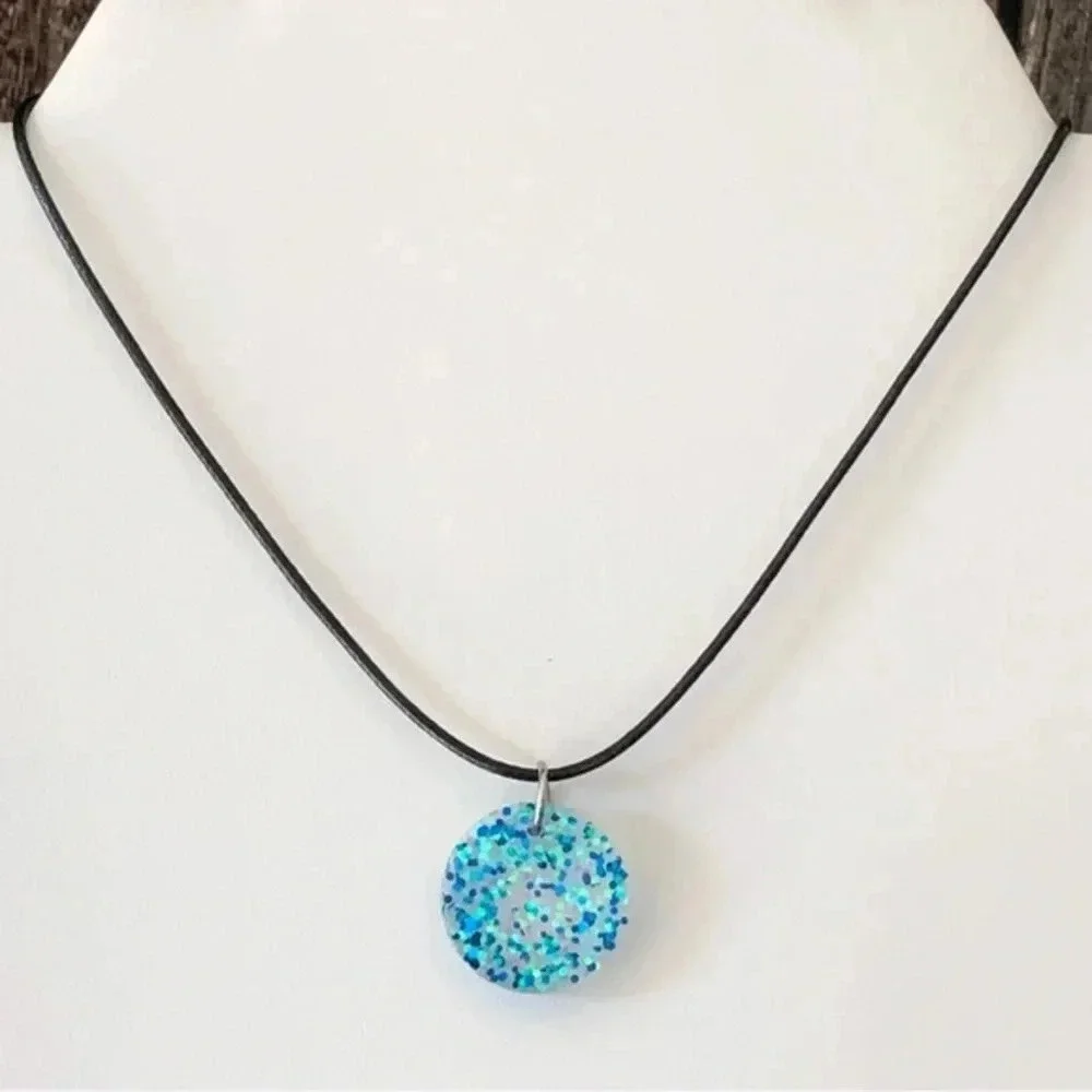 Blue Glitter Circle Resin Black Waxed Cord Necklace Handmade New